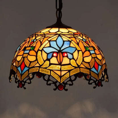 DecorBites luxury Tiffany style stained glass pendant light with vibrant amber blue and gold floral design handcrafted glass pendant