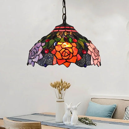 Decorbites luxury tiffany style stained glass pendant light with vibrant floral rose design in orange pink and purple