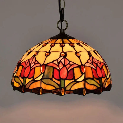 Decorbites luxury tiffany style stained glass pendant light with red and yellow tulip floral design and amber green panels