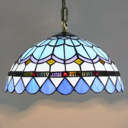 DecorBites luxury tiffany style stained glass pendant light with dome shade featuring blue white and purple glass pieces