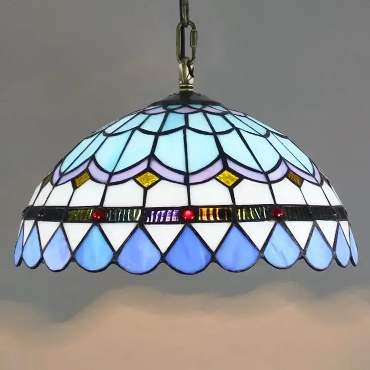 DecorBites luxury tiffany style stained glass pendant light with dome shade featuring blue white and purple glass pieces
