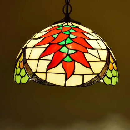 DecorBites luxury Tiffany style stained glass pendant light with a red chili pepper design and green accents