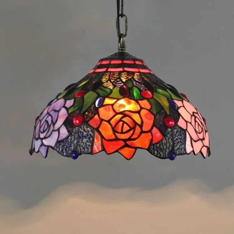 Decorbites luxury tiffany style stained glass pendant light with vibrant rose designs in orange pink purple and green leaves