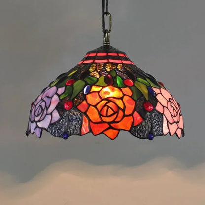 Decorbites luxury tiffany style stained glass pendant light with vibrant rose designs in orange pink purple and green leaves