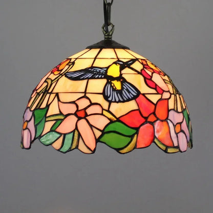 DecorBites™ luxury tiffany style stained glass pendant light with vibrant hummingbird and floral leaded glass design