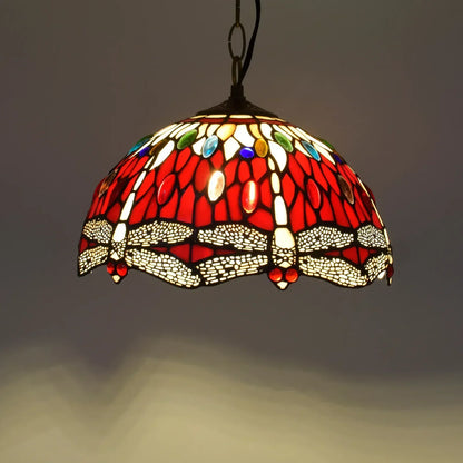 DecorBites luxury tiffany style stained glass pendant light with vibrant red glass pendant featuring intricate dragonfly wings