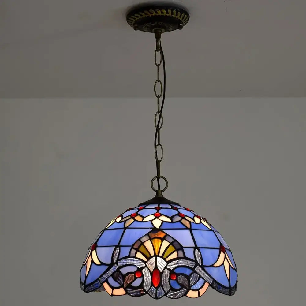 DecorBites™ luxury Tiffany style stained glass pendant light in blue with floral patterns and brass chain suspension