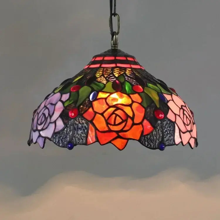 Decorbites luxury tiffany style stained glass pendant light with vibrant rose designs in orange pink purple and green leaves