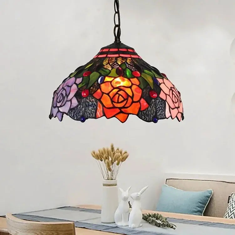 Decorbites luxury tiffany style stained glass pendant light with vibrant floral rose design in orange pink and purple