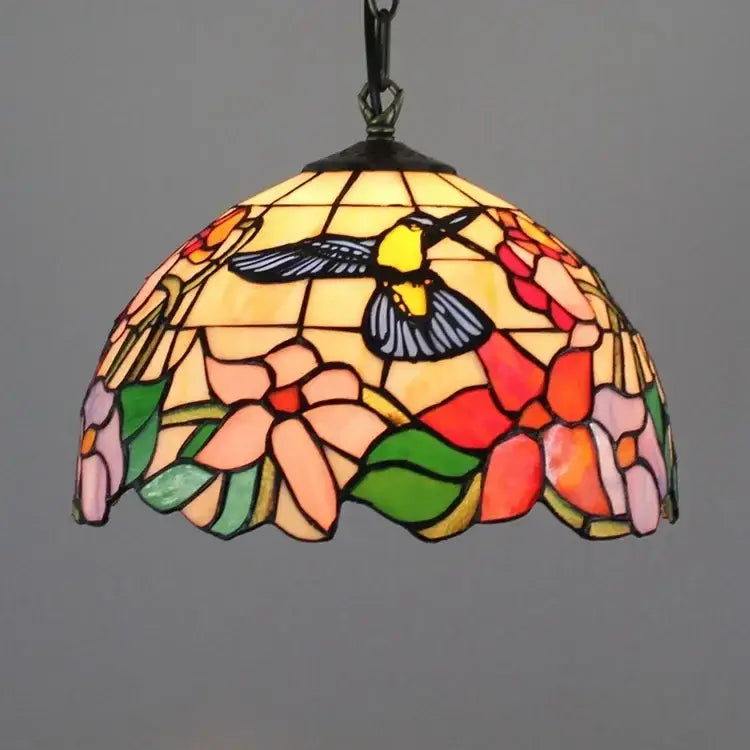 DecorBites™ luxury tiffany style stained glass pendant light with vibrant hummingbird and floral leaded glass design
