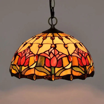 Decorbites luxury tiffany style stained glass pendant light with red and yellow tulip floral design and amber green panels