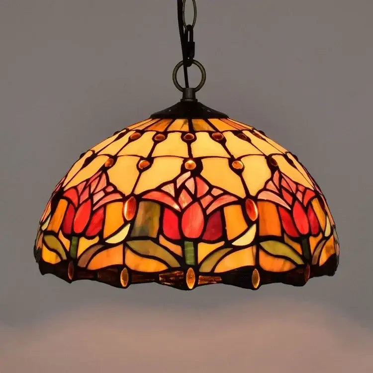 Decorbites luxury tiffany style stained glass pendant light with red and yellow tulip floral design and amber green panels