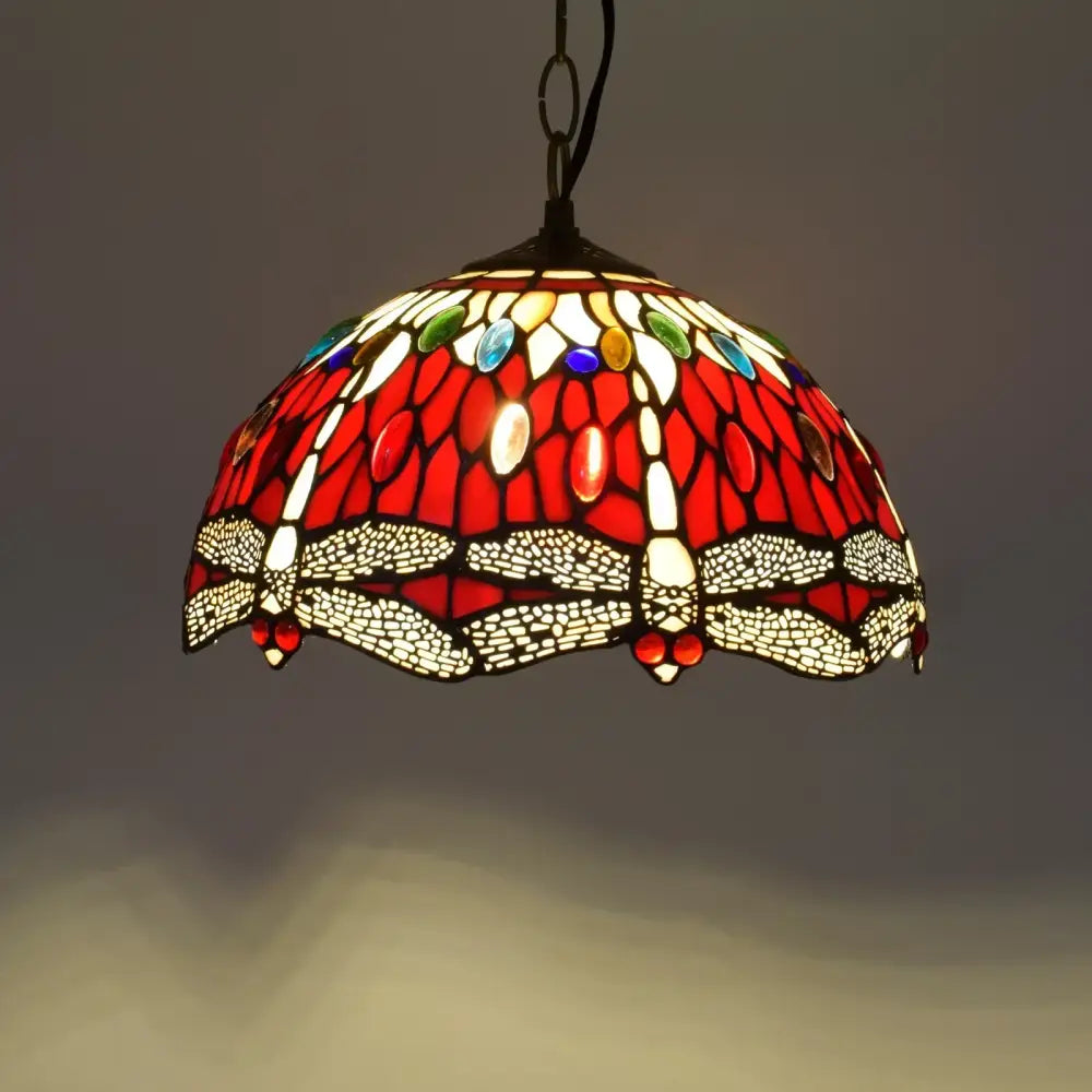 DecorBites luxury tiffany style stained glass pendant light with vibrant red glass pendant featuring intricate dragonfly wings