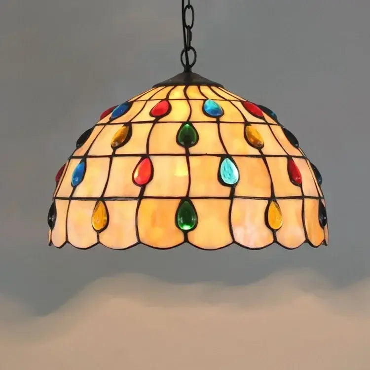 DecorBites™ luxury Tiffany style stained glass pendant light with vibrant scalloped dome shade in red blue green yellow and amber