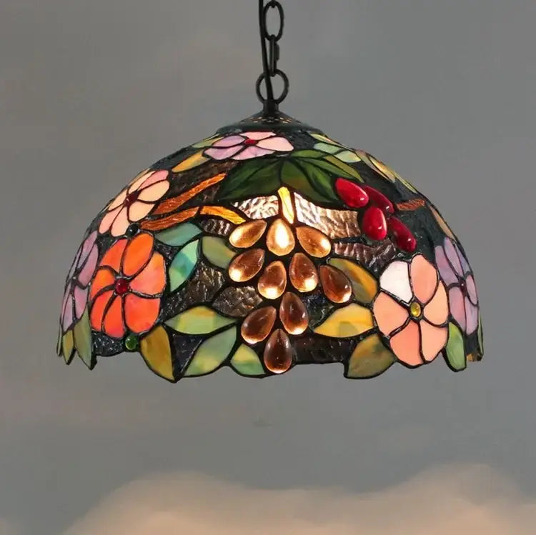 DecorBites™ luxury Tiffany style stained glass pendant light with floral and grapevine motifs in pink orange green and gold hues