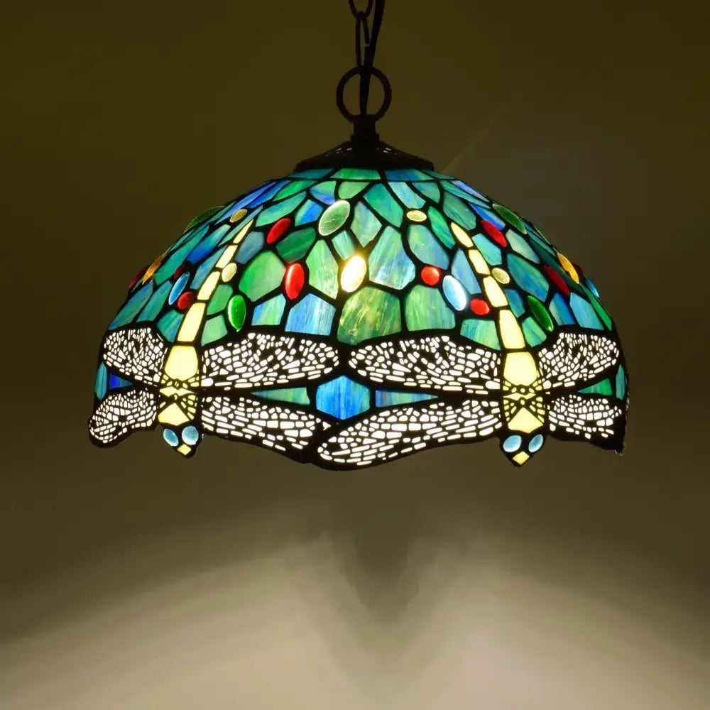 DecorBites luxury Tiffany style stained glass pendant light with vibrant dragonfly design in blues greens red and yellow