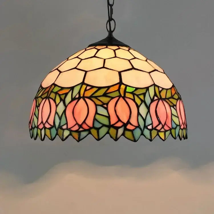 DecorBites™ luxury tiffany style stained glass pendant light with honeycomb pattern and pink peach blossoms in warm cream tones