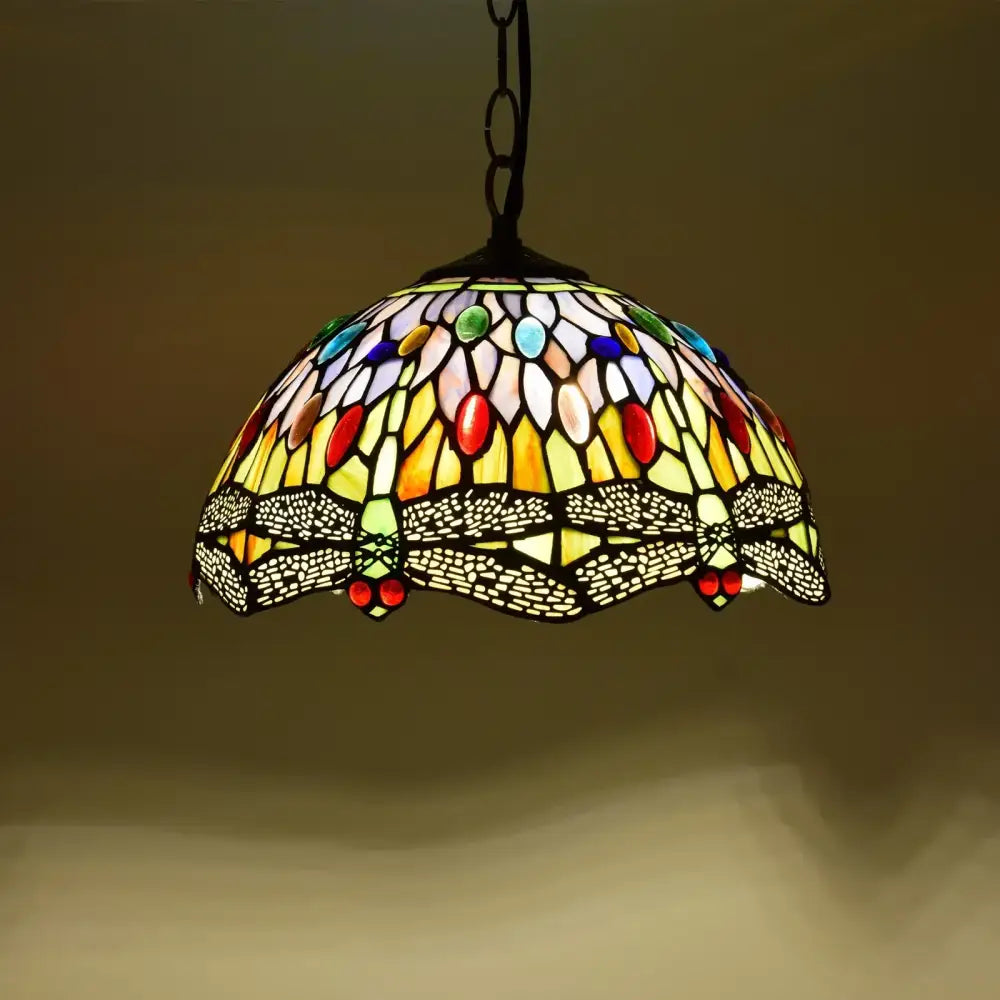 DecorBites luxury Tiffany style stained glass pendant light with vibrant multicolored dragonfly design and black outlines