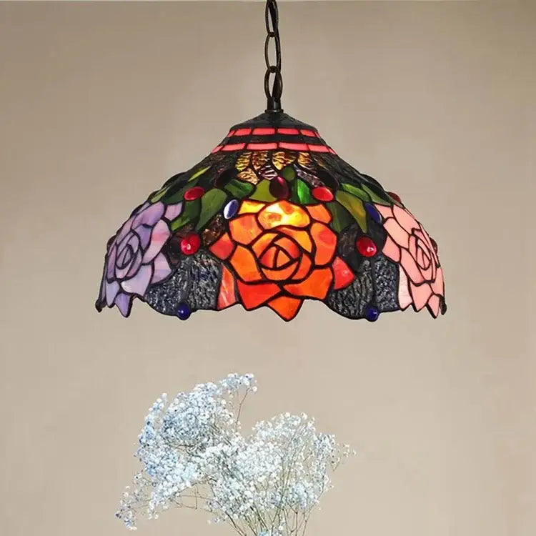 DecorBites™ luxury Tiffany style stained glass pendant light with vibrant orange pink purple rose designs and green leaves