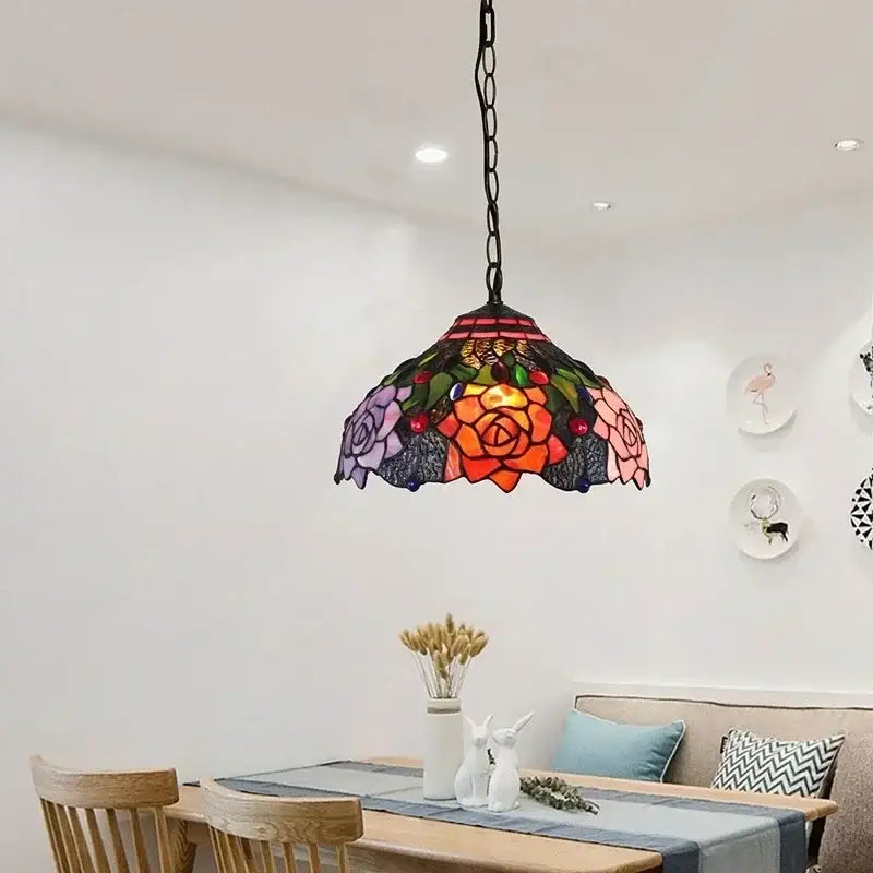 DecorBites™ luxury tiffany style stained glass pendant light with vibrant floral design hanging from black chain