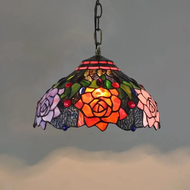 Decorbites luxury tiffany style stained glass pendant light with vibrant orange, pink, purple roses and green leaves
