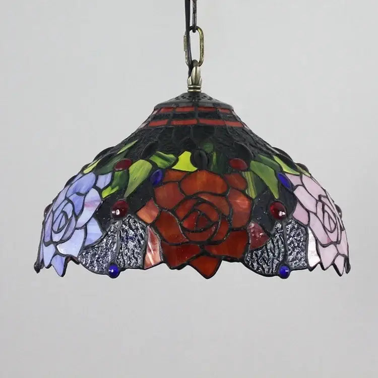 DecorBites™ luxury Tiffany style stained glass pendant light with a red rose centerpiece and purple pink accents