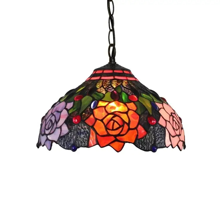 DecorBites™ luxury Tiffany style stained glass pendant light with vibrant orange rose and multicolor floral accents