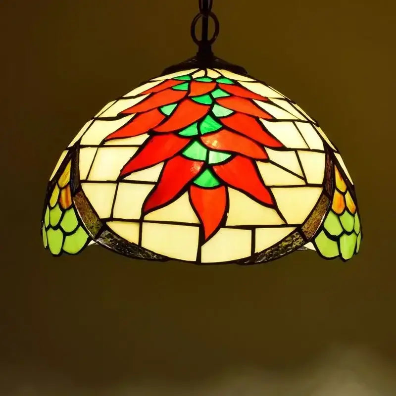 DecorBites luxury Tiffany style stained glass pendant light with a red chili pepper design and green accents