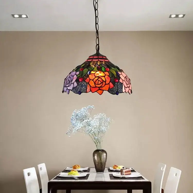 Decorbites luxury Tiffany style stained glass pendant light with vibrant orange pink purple and green floral design