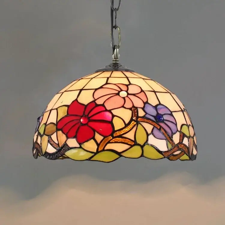 DecorBites™ luxury Tiffany style stained glass pendant light with dome-shaped floral glass pendant in red pink purple and yellow hues