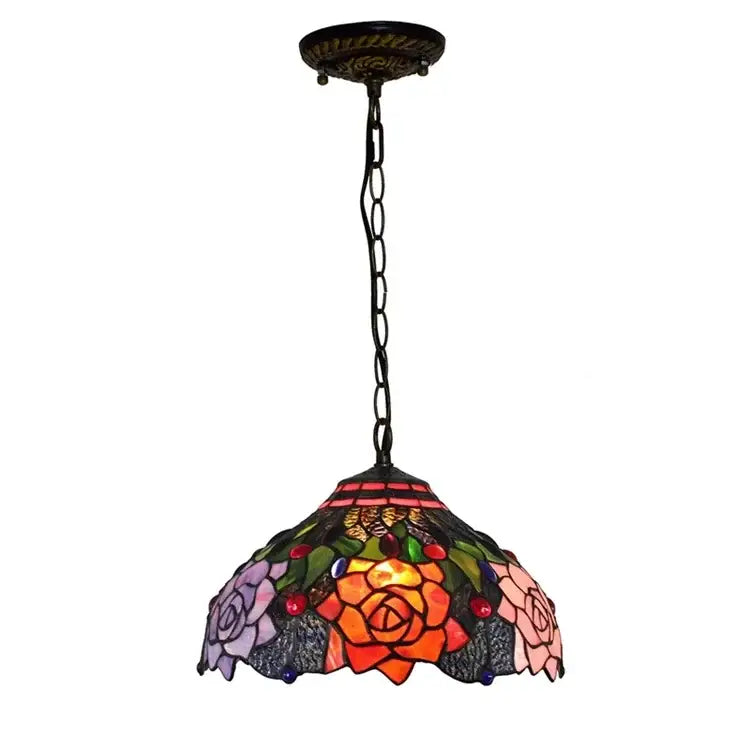DecorBites™ luxury Tiffany style stained glass pendant light with vibrant floral rose designs in orange pink and purple