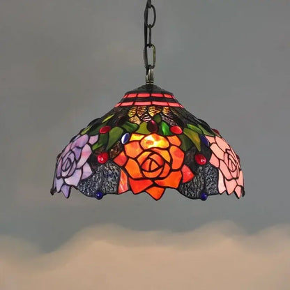 DecorBites™ luxury Tiffany style stained glass pendant light with vibrant floral rose design in orange pink and purple
