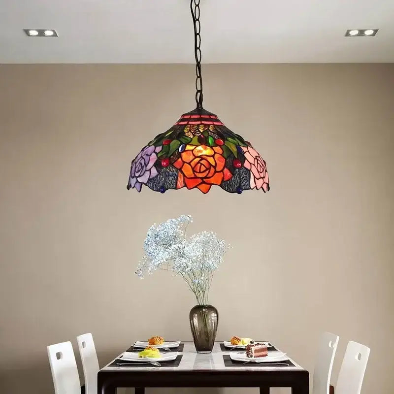 Decorbites luxury tiffany style stained glass pendant light with vibrant floral design in orange pink purple and blue