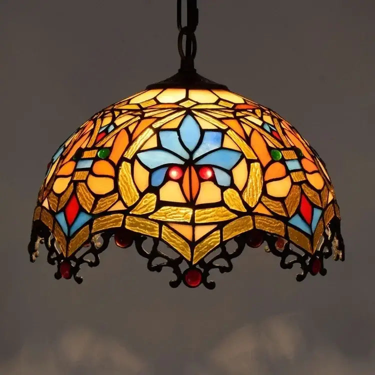 DecorBites luxury Tiffany style stained glass pendant light with vibrant amber blue and gold floral design handcrafted glass pendant