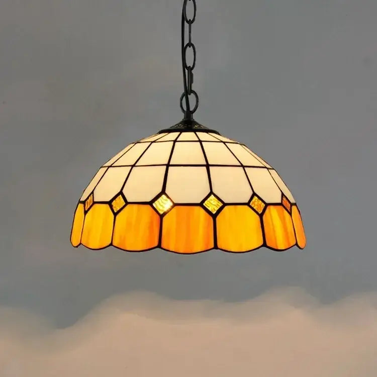DecorBites™ luxury tiffany style stained glass pendant light with warm cream and amber hexagonal dome shade