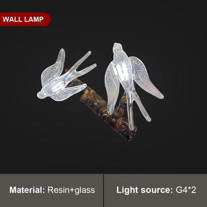 DecorBites™ luxury vintage glass bird chandelier featuring clear glass and resin swallow-shaped wall lamps with intricate detailing