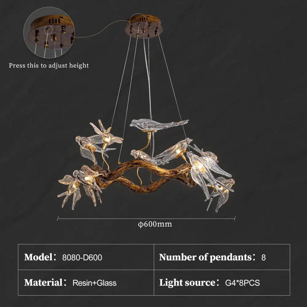 DecorBites™ luxury vintage glass bird chandelier with eight translucent glass bird pendants on resin and metal branches
