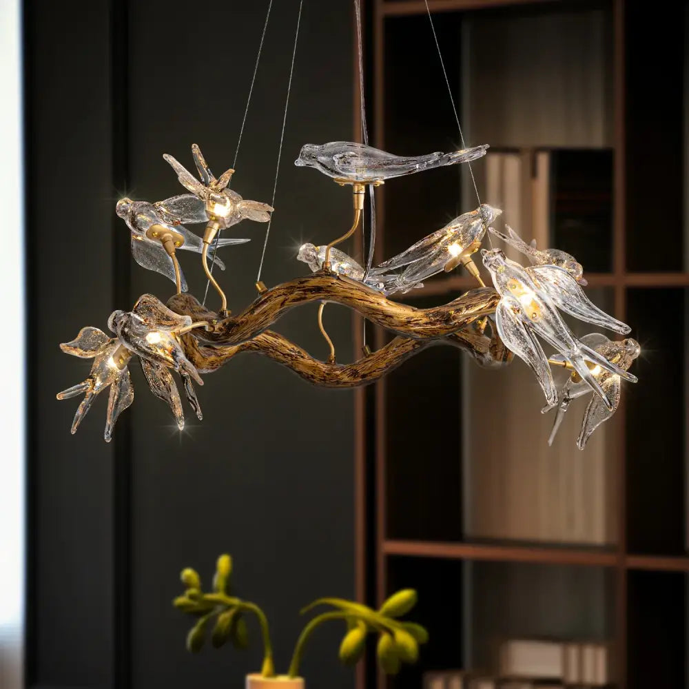 Decorbites luxury vintage glass bird chandelier with dragonfly accents on a golden branch glass bird chandelier base