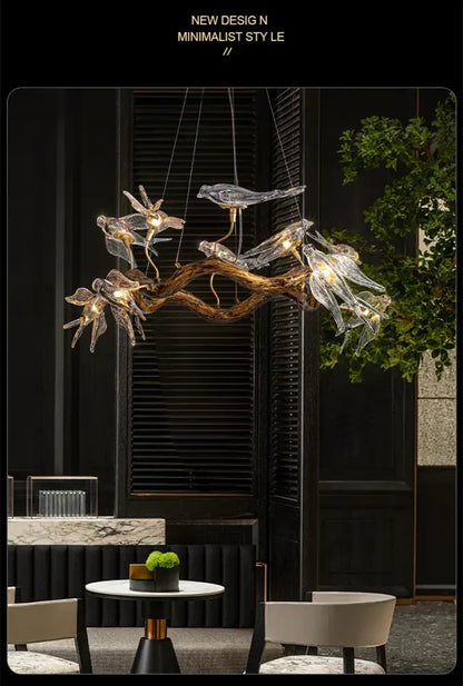 Decorbites luxury vintage glass bird chandelier with golden branch design featuring glass bird and dragonfly accents