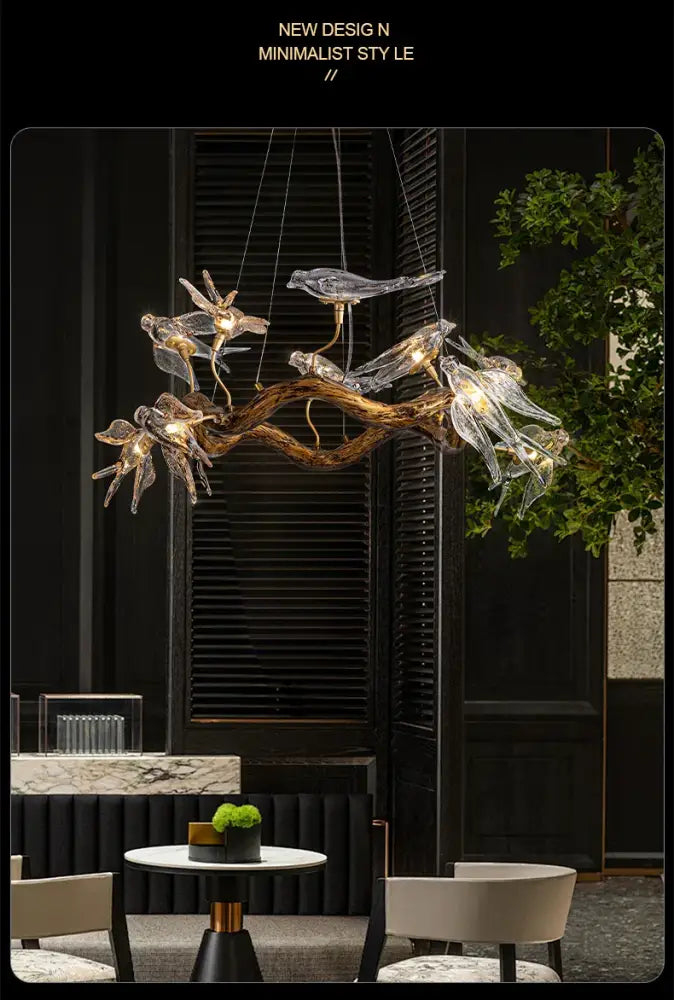 Decorbites luxury vintage glass bird chandelier with golden branch design featuring glass bird and dragonfly accents