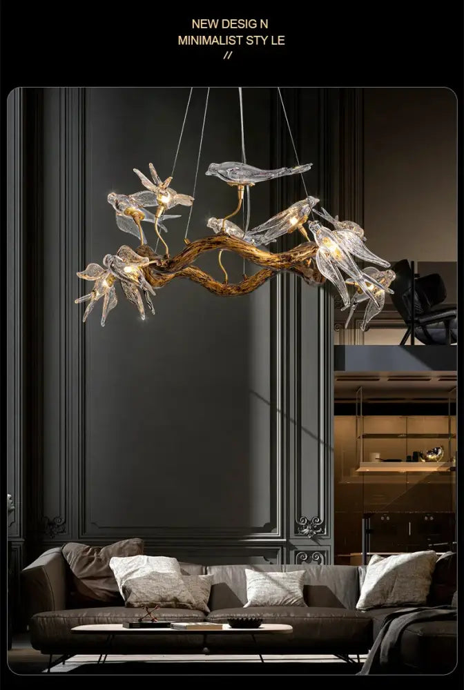 Decorbites™ luxury vintage glass bird chandelier featuring glass bird and dragonfly on a golden branch base