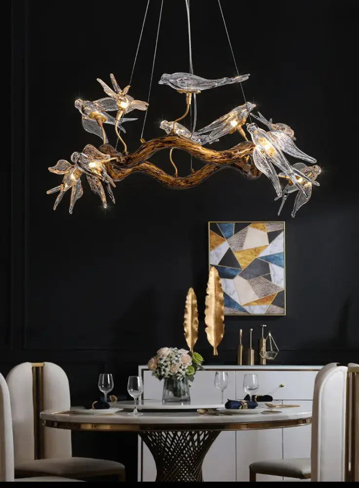 Decorbites™ luxury vintage glass bird chandelier featuring glass bird and dragonfly design on rustic wooden branch base