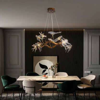 DecorBites luxury vintage glass bird chandelier with golden branch design and clear leaf-shaped glass elements