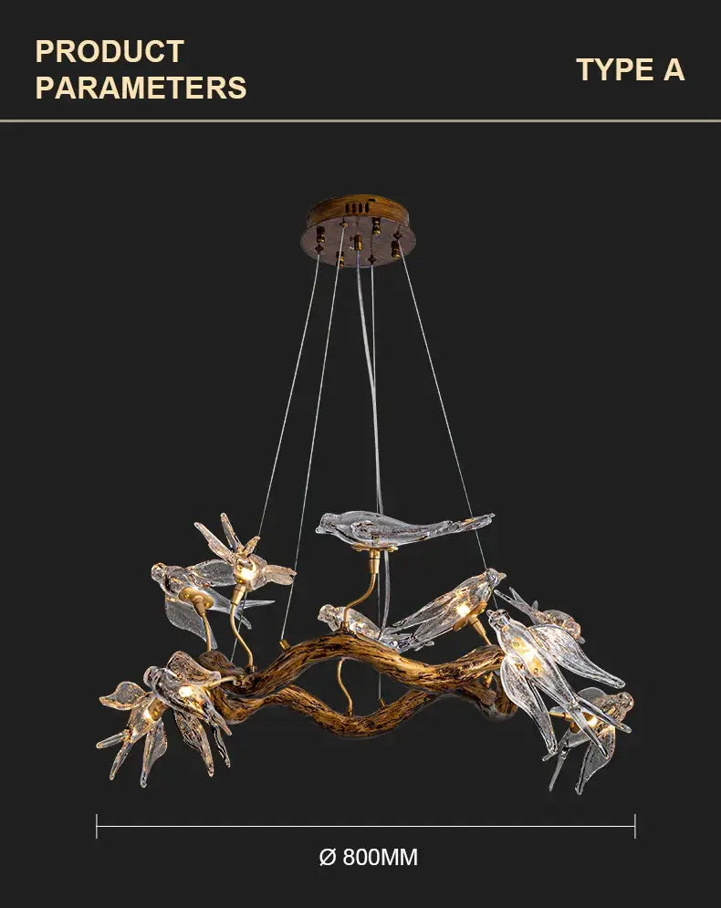DecorBites luxury vintage glass bird chandelier with transparent bird and dragonfly figures on rustic branch lighting