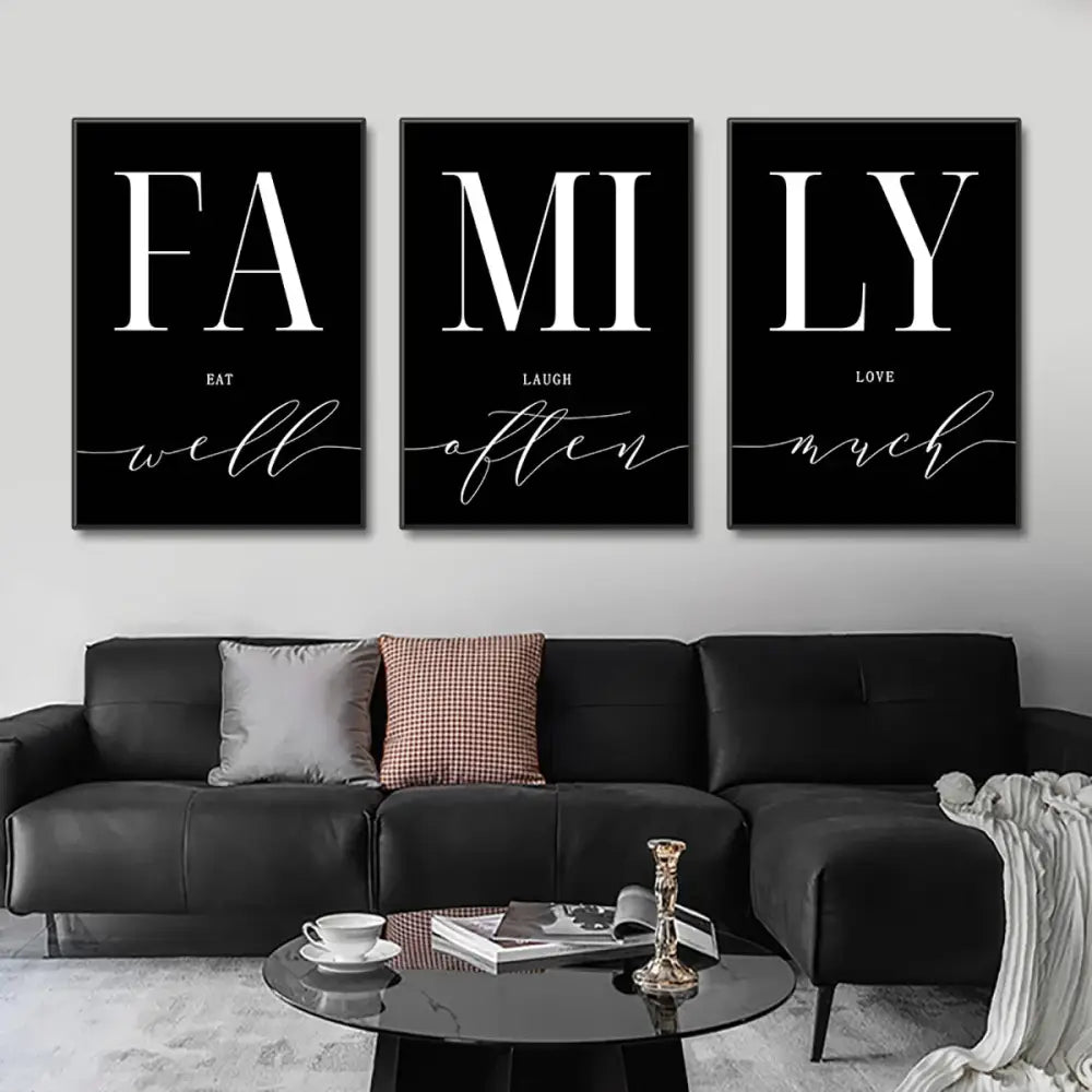 Decorbites luxury wall art set with black frames and white lettering family across three panels for living room decor