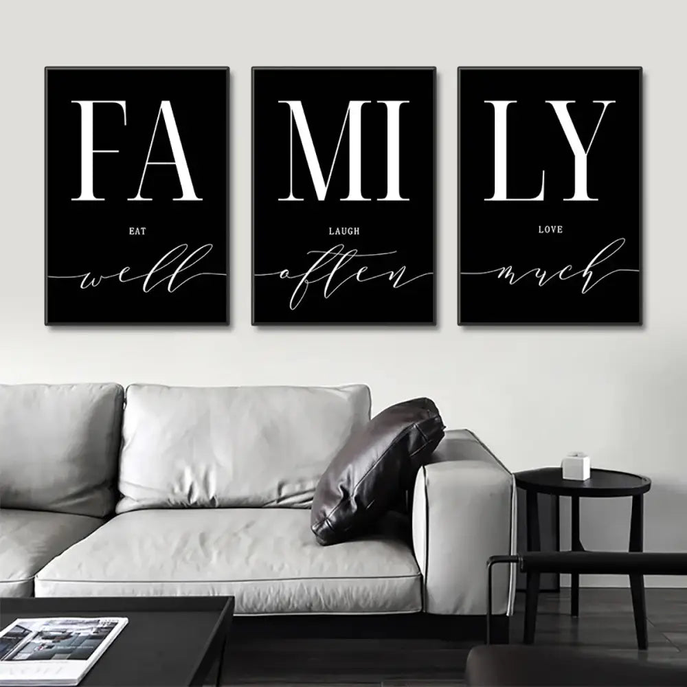 Three black-framed luxury wall art pieces with white serif lettering for living room decor from decorbites wall art set