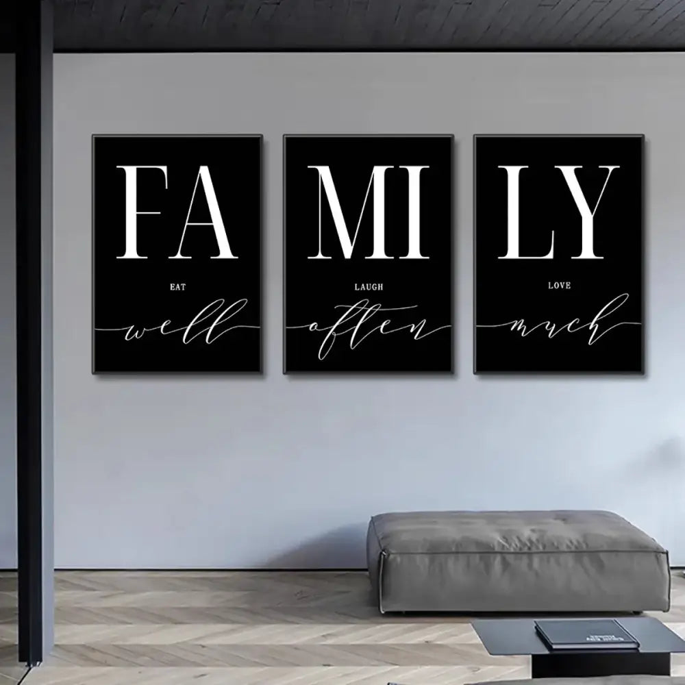 DecorBites luxury wall art set features three black-framed canvas panels with family typography for living room