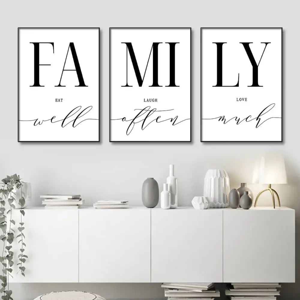 Decorbites luxury wall art set featuring three minimalist black and white framed family-themed pieces for living room wall art