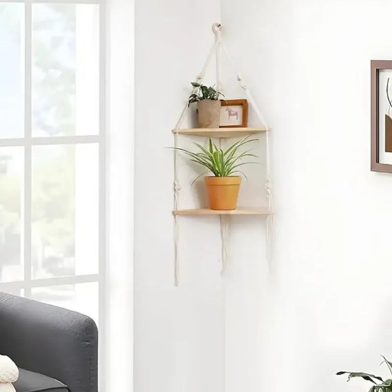 DecorBites™ minimalist two-tiered light wood corner shelf with macrame wall hanging cord for boho decor