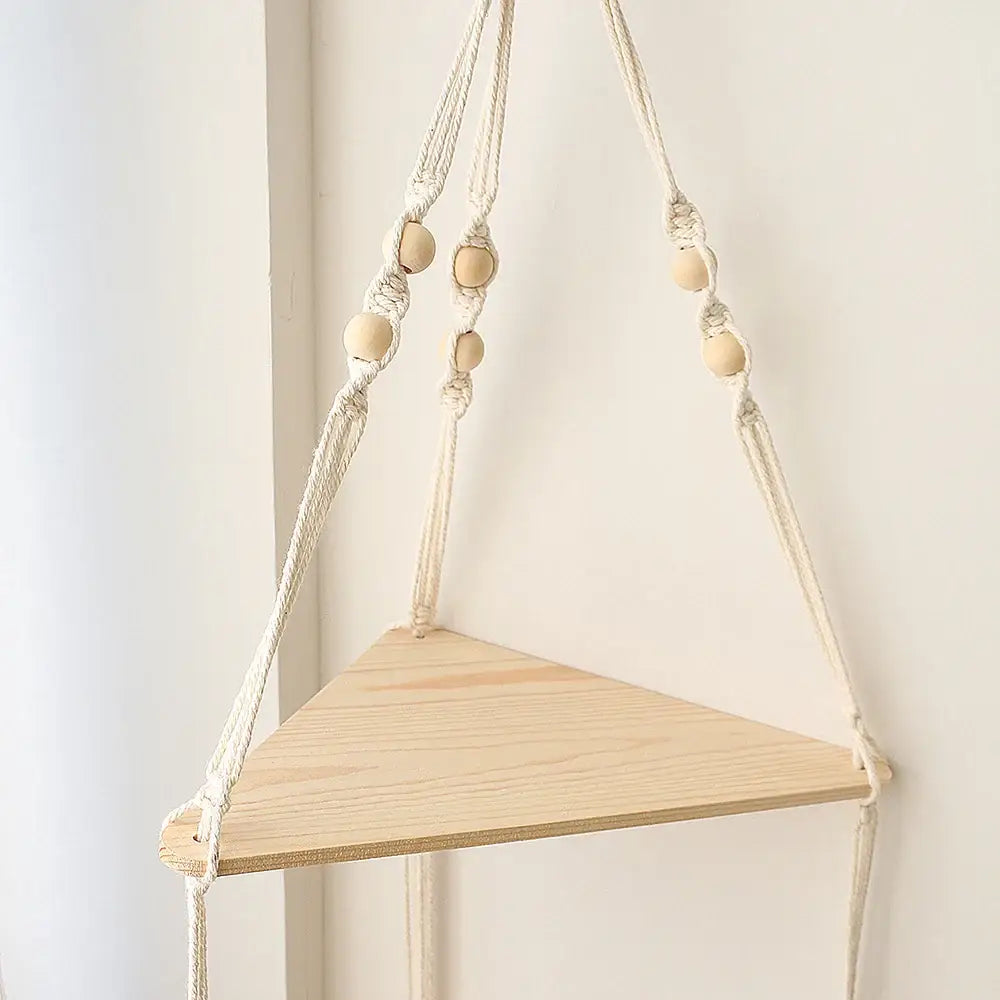 Decorbites™ macrame wall hanging corner shelf with triangular wooden board and cream macrame cords with wood beads